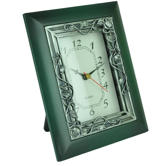 Cast Metal Pewter Petralite Wooden Look Desk Quartz Clock Green Roses Trellis