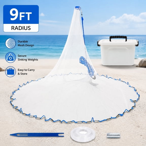 Cast Net for Bait Fishing with 1/2 Inch Mesh Size, Durable Hand Throw Cast Net Trap for Live Bait and Small Fish