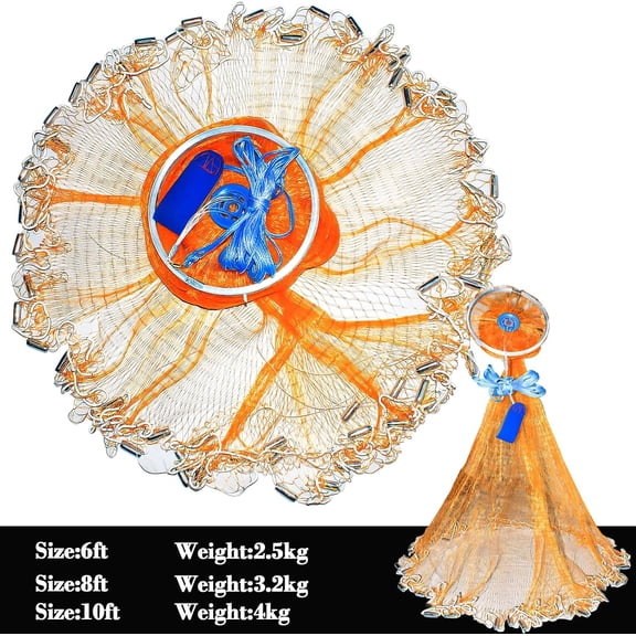 Cast Net with Aluminum Ring, Hand Throwing Fishing Net for Saltwater and Freshwater, 3/8 Inch Mesh, 8FT Orange