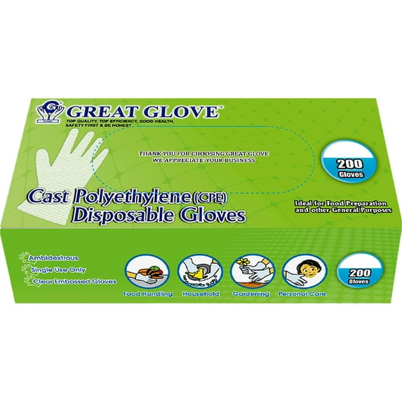Cast Polyethylene (CPE) Food Service Disposable Gloves, CPE200-L-BX, (Pack of 200)