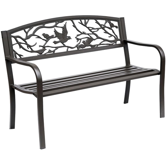Cast Steel Metal 50" Bench, For Outdoor Patio. With Animal Print, Yard, Lawn, Porch. Rustic, Ergonomic, Brown Garden Patio Bench With Pattern. Rustic Style, Ergonomic Seat, Strong Steel, Porch