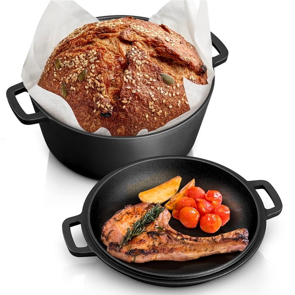 Cast iron Dutch oven with frying pan lid, 2-in-1 cast iron bread and frying pan cookware, double handle design, suitable for baking bread, frying, camping, 5 quarts