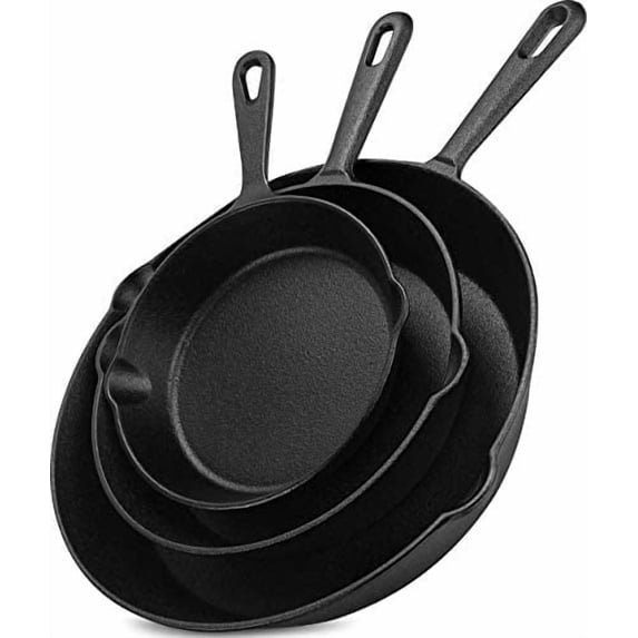 Cast iron Skillets 3 Piece Set, Chefs Pan, Pre Seasoned Cast iron Skillets, 6, 8 & 10 Inches, Easy Use in the Oven, Stove, Grill, or Campfire, Black