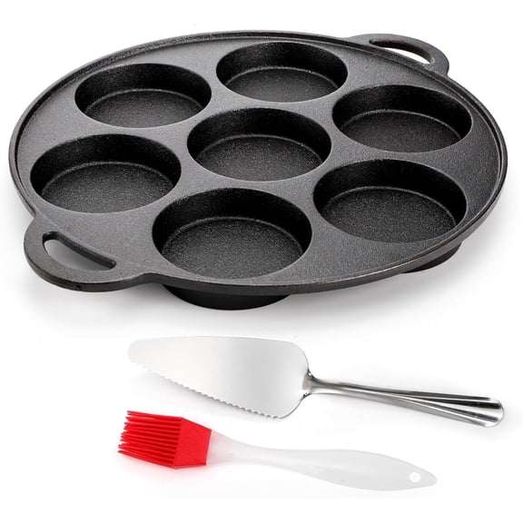 Cast iron muffin pan, 7 impression biscuit pan with handle, pancake mini cake pan with spreader and spatula for baking desserts, cupcakes
