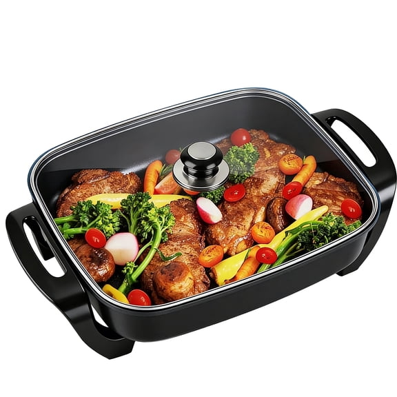 Cast Iron Non-Stick Electric Frying Pan, 5L Large Capacity, 1500W Fast Heating, Adjustable Temp Control, for Family & Batch Cooking, Black