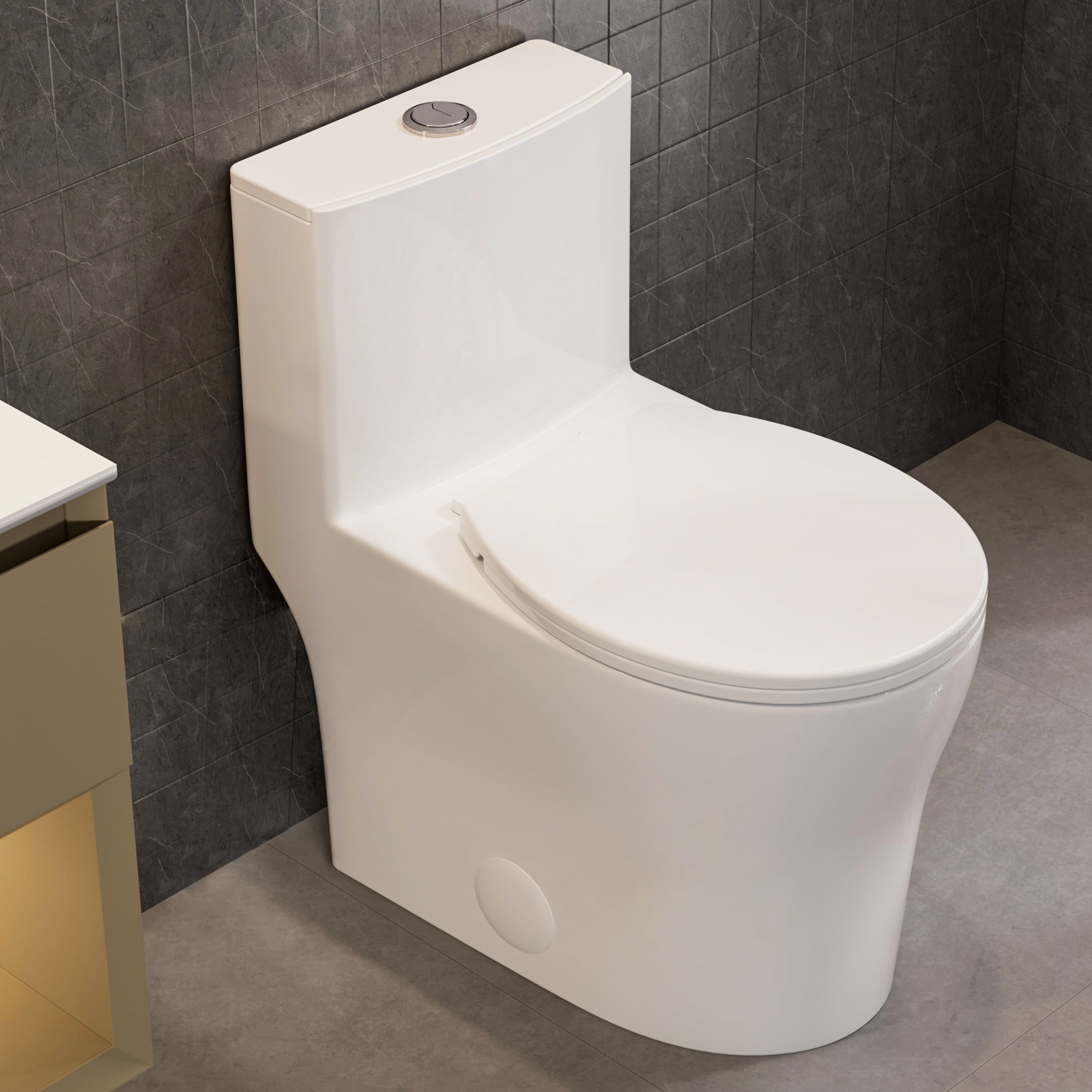Gloss White Round One-Piece Dual Flush Toilet with Soft Close Seat