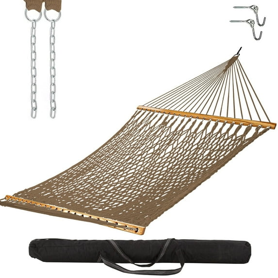 Castaway Living 13 ft. Double Antique Brown Polyester Rope Hammock with Free Extension Chains ,Tree Hooks & Storage Bag