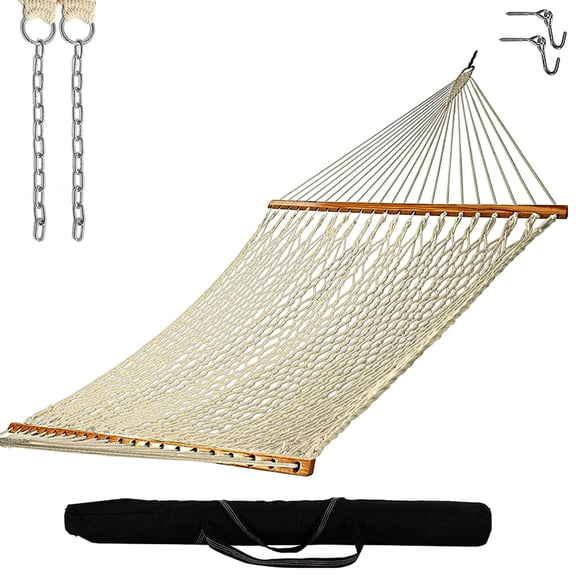 Castaway Living 13 ft. Double Oatmeal Polyester Rope Hammock with Free Extension Chains ,Tree Hooks
