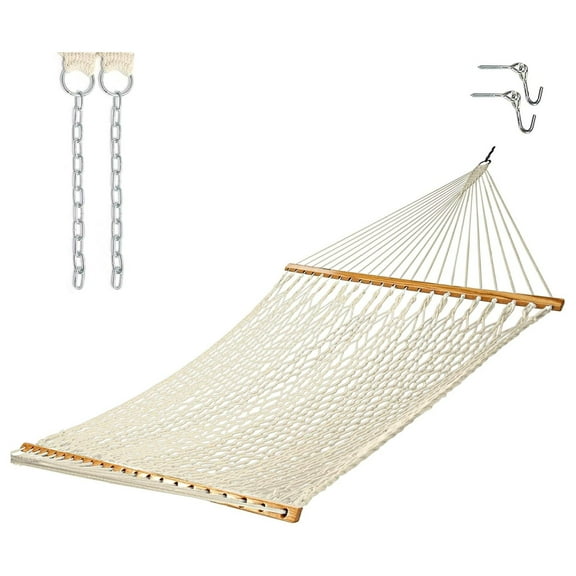 Castaway Living 13 ft. Double Traditional Hand Woven Cotton Rope Hammock with Free Extension Chains & Tree , Designed in The USA, Accommodates Two People with a Weight Capacity of 450 lbs.