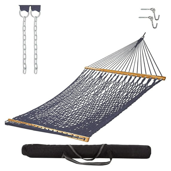 Castaway Living 13 ft. Double Traditional Hand Woven Navy Polyester Rope Hammock with Free Extension Chains,Tree & Storage Bag, for 2 People with a Weight Capacity of 450 lbs.