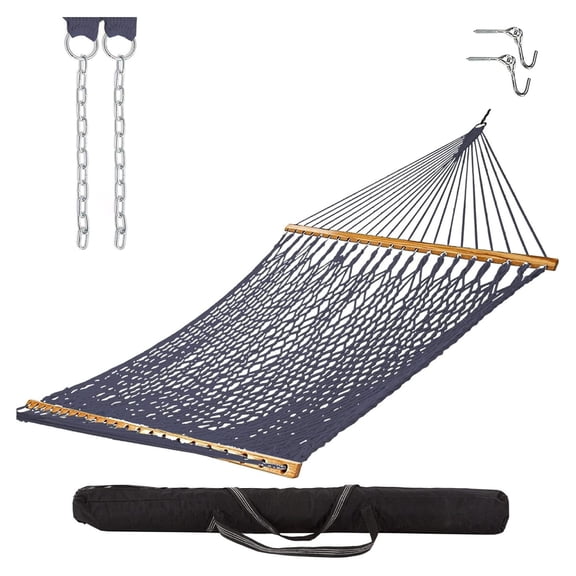 Castaway Living 13 ft. Double Traditional Hand Woven Navy Polyester Rope Hammock with Free Extension Chains,Tree & Storage Bag, for 2 People with a Weight Capacity of 450 lbs.