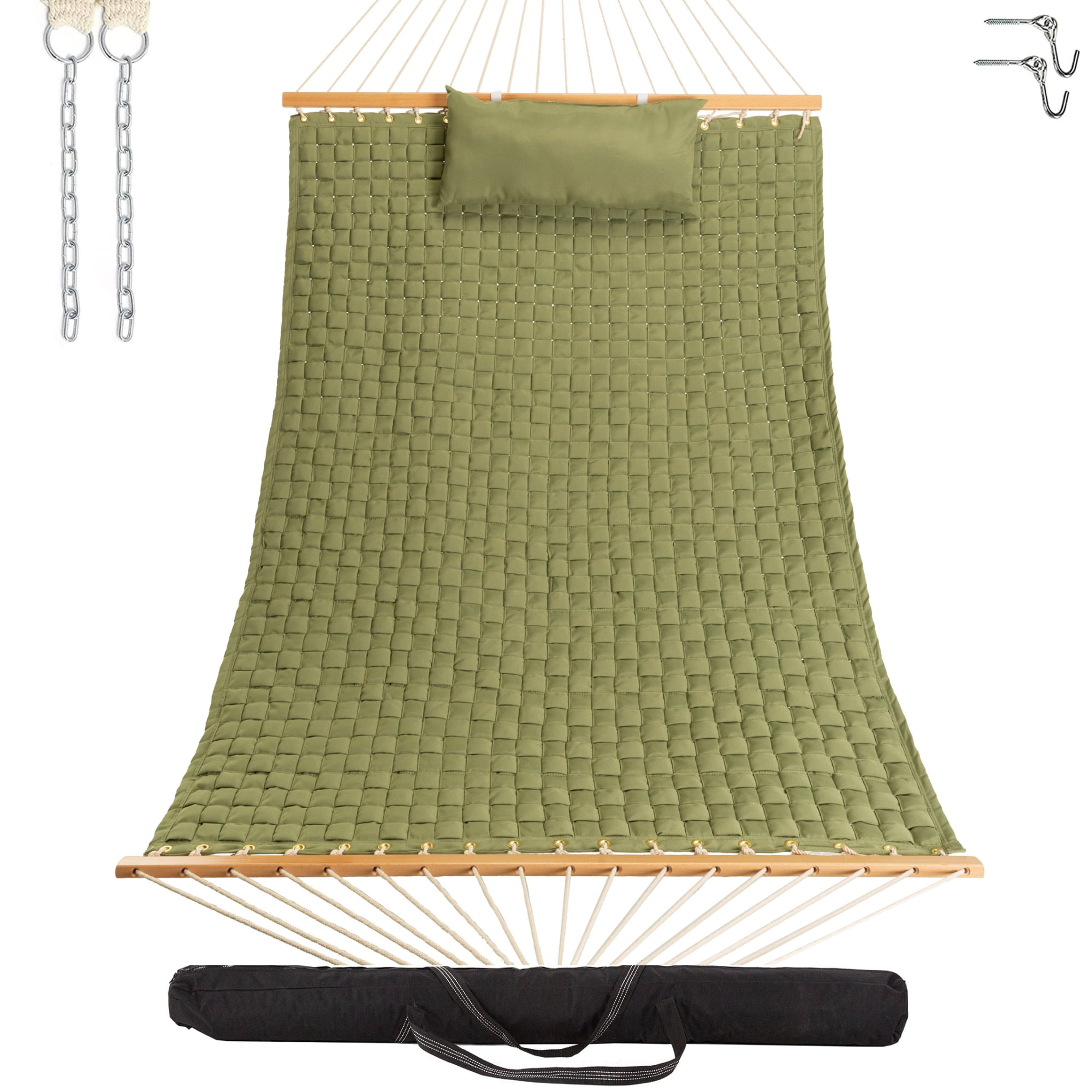 Castaway Living 13 ft. Large Green Soft Weave Hammock with Detachable Pillow, Free Extension Chains, Tree Hooks & Storage Bag