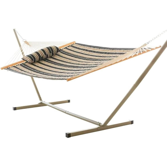 Castaway Living Beige & Black Stripe Large Quilted Hammock w/Patented KD Space Saving Stand & Detachable Pillow
