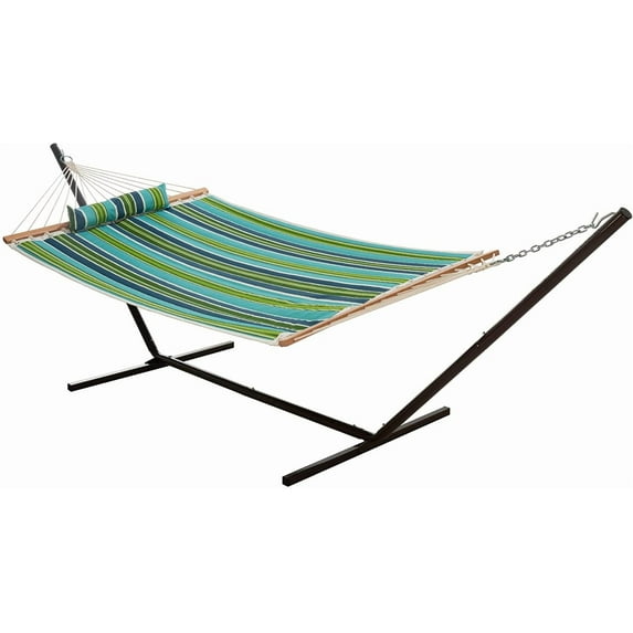 Castaway Living Blue & Green Stripe Quilted Hammock w/ Patented KD Space Saving Stand & Detachable Pillow