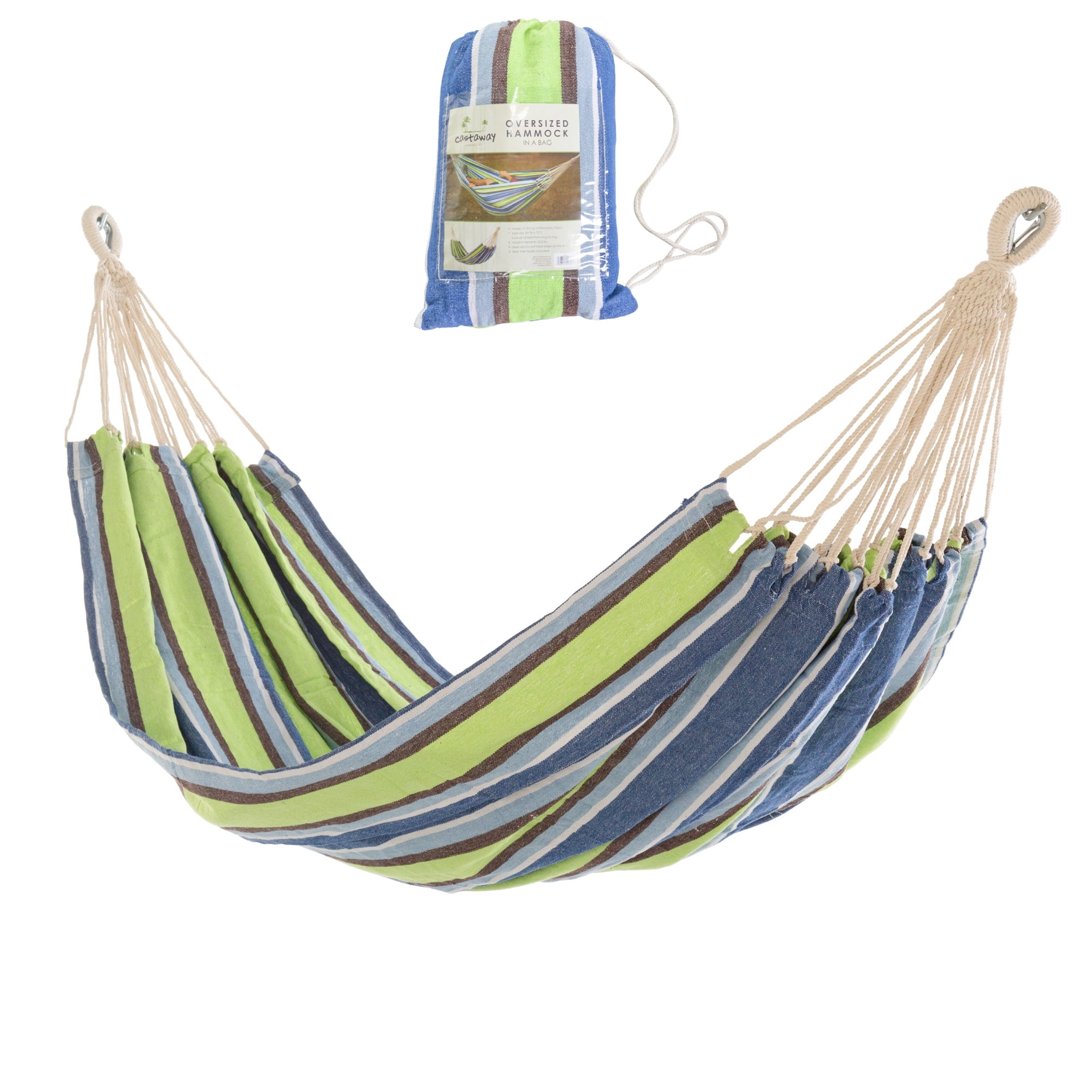 Castaway Living Large Cotton Brazilian Multicolor Stripe Hammock with Matching Storage Bag- Blue Stripe