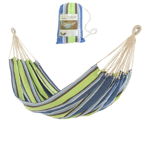 Castaway Living Large Cotton Brazilian Multicolor Stripe Hammock with Matching Storage Bag- Blue Stripe