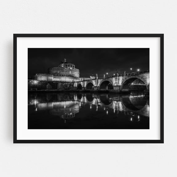 Castel Sant'Angelo B&W - Rome Lazio Italy Photography Black and White Architecture Bridge Night Sky Cityscape Travel Poster Scenic Black Framed Wall Art Print 5 x 7 inches