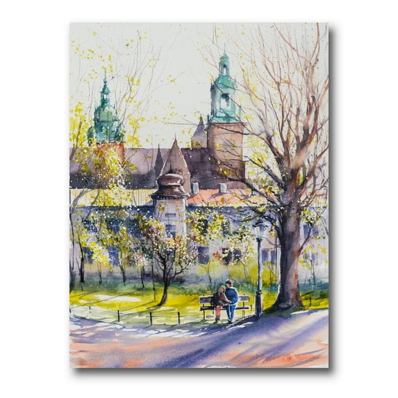 Castel Through The Trees of The Park With Couple Sitting on Bench 8 in x 12 in Painting Canvas Art Print, by Designart