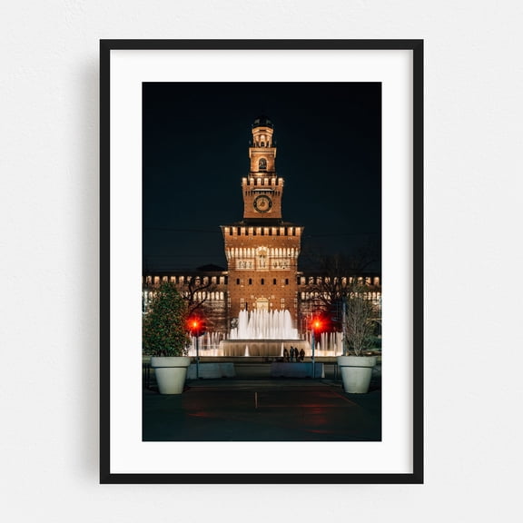 Castello Sforzesco 02 - Milan Lombardy Italy Photography Architecture Cityscape Night Sky Travel Poster City Nightlife Scenic Black Framed Wall Art Print 5 x 7 inches