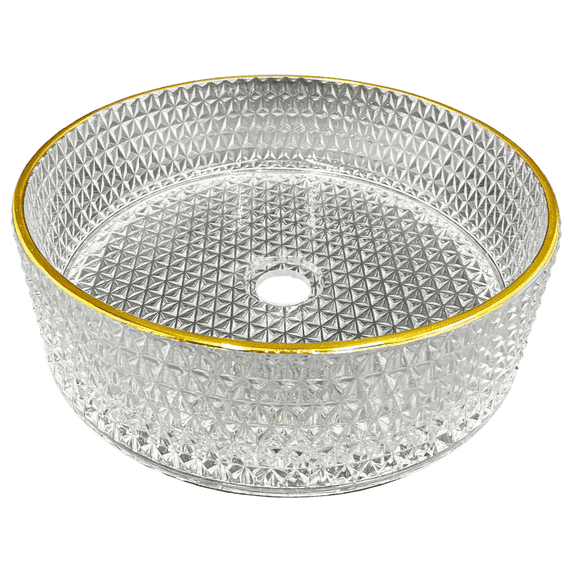 Scotch 16" Tempered Glass Circular Bathroom Vessel Sink in Clear with Gold Rim