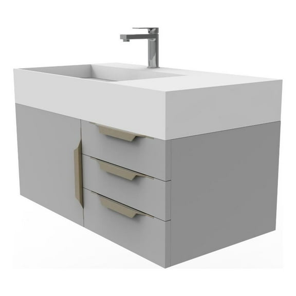 Castello USA Amazon 36" Gray Wood Floating Vanity with White Top and Gold Trim