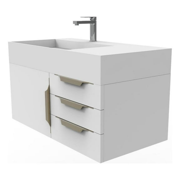 Castello USA Amazon 36" White Wood Floating Vanity with White Top and Gold Trim