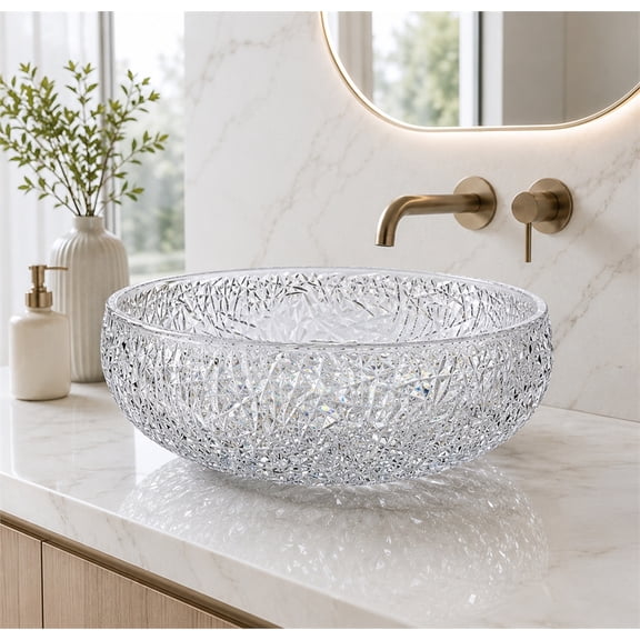 CastelloUSA Moonshell Round Basin Glass Crystal Bathroom Vessel Sink - 18" Clear