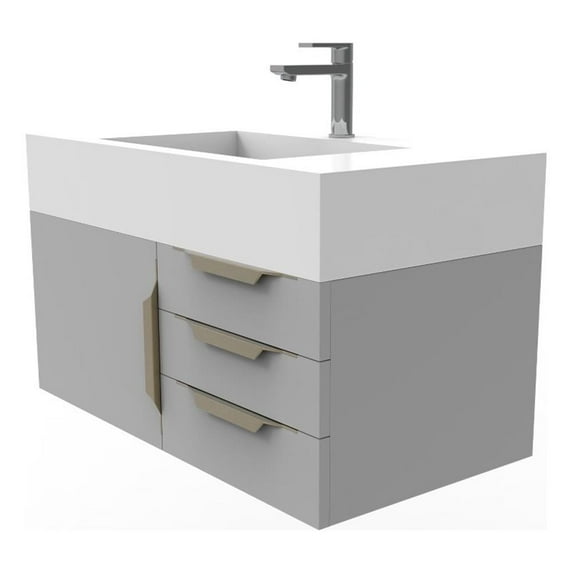 Castello USA Nile 36" Gray Wood Floating Vanity with White Top and Gold Trim
