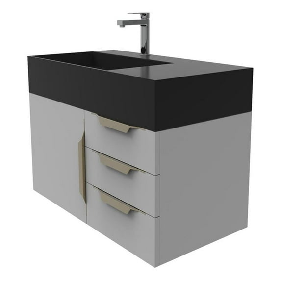 Castello USA Amazon 36" Gray Wood Floating Vanity with Black Top and Gold Trim