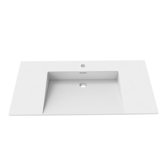 36" White Solid Surface Stone Minimalist Wall Mount Bathroom Sink with Overflow