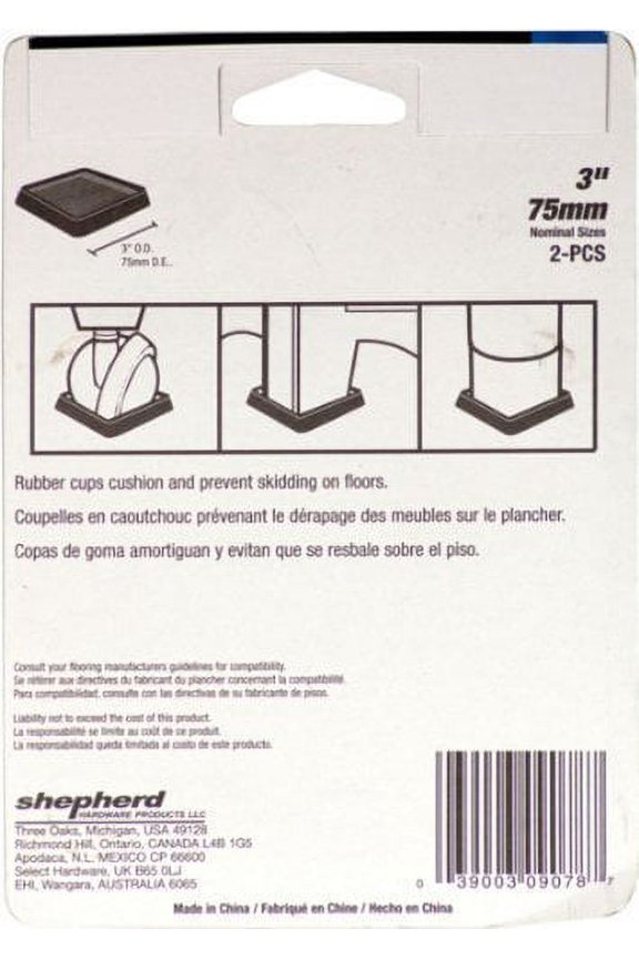 Caster Cup Square Rubber Furniture Gripper - 4 Pack, 3"x3", Brown