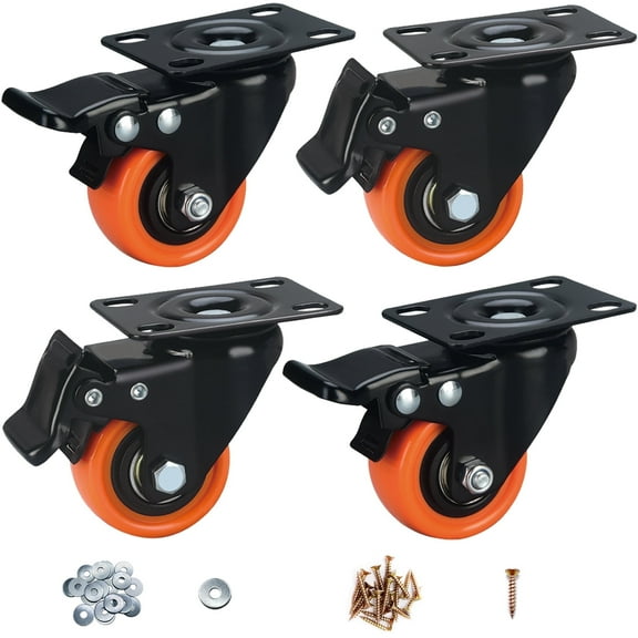 Caster Wheels, 2" Casters Set of 4 Heavy Duty - ASHGOOB Orange Polyurethane Castors, Top Plate Swivel Wheels, 4-Pack Industrial Casters with Brake, Locking Casters for Furniture and Workbench