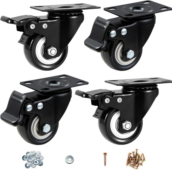 Caster Wheels, 2 Inch Casters Set of 4 Heavy Duty - ASHGOOB Black Polyurethane Castors, Top Plate Swivel Wheels, 4-Pack Industrial Casters with Brake, Locking Casters for Furniture and Workbench