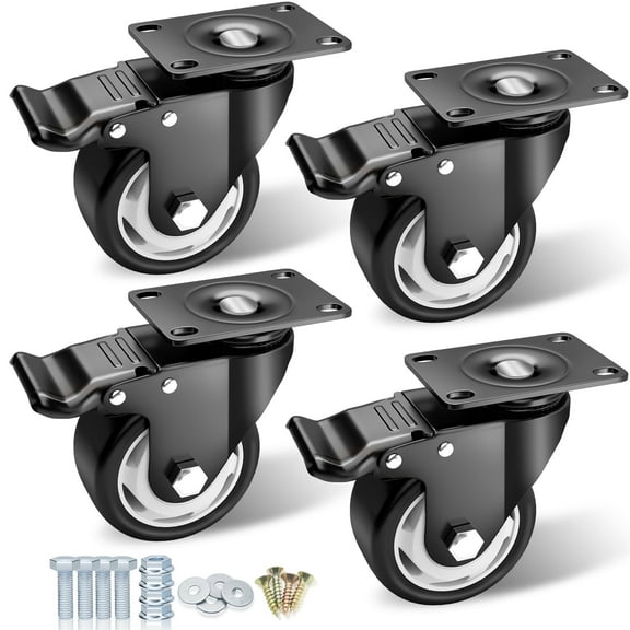 Caster Wheels - 3 Inch Casters Set of 4 Heavy Duty - ASHGOOB Black Polyurethane Castors, Top Plate Swivel Wheels, 4-Pack Industrial Casters with Brake, Locking Casters for Furniture and Workbench