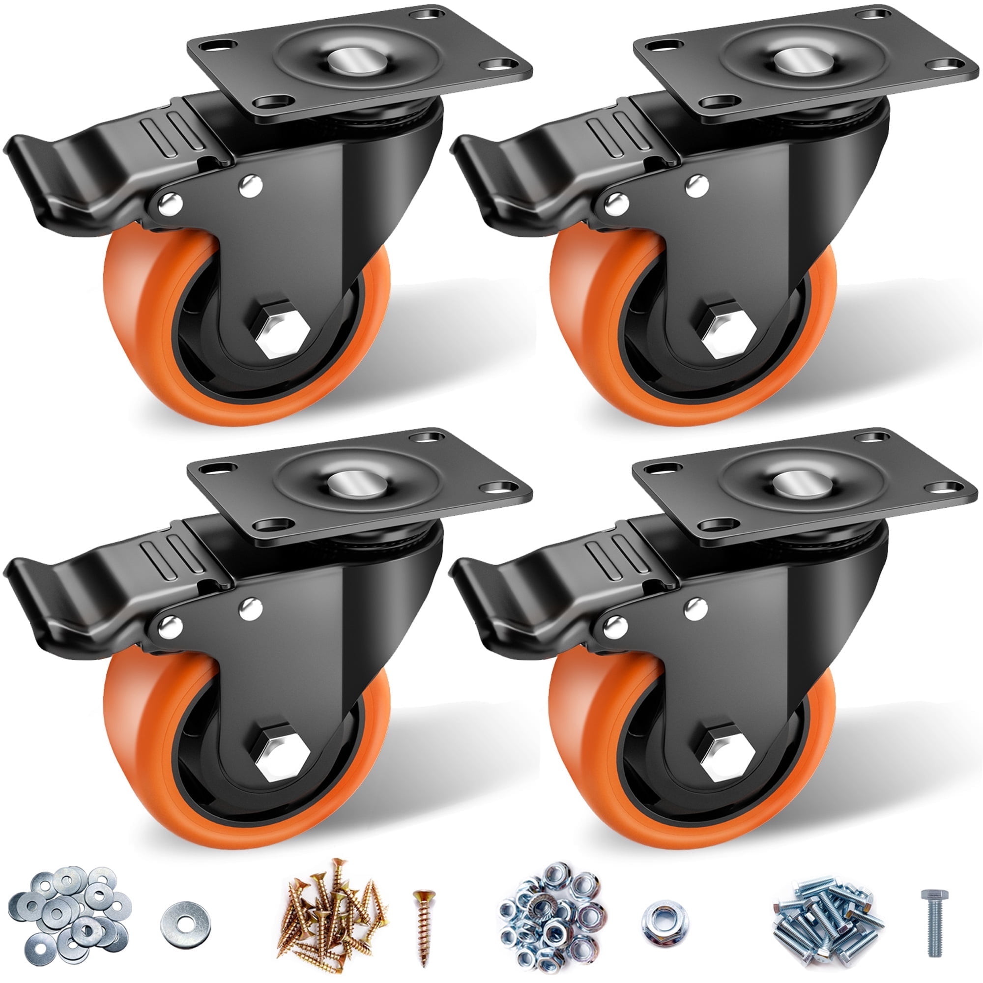 3-Inch Orange Polyurethane Swivel Plate Casters with Brakes, Set of 4