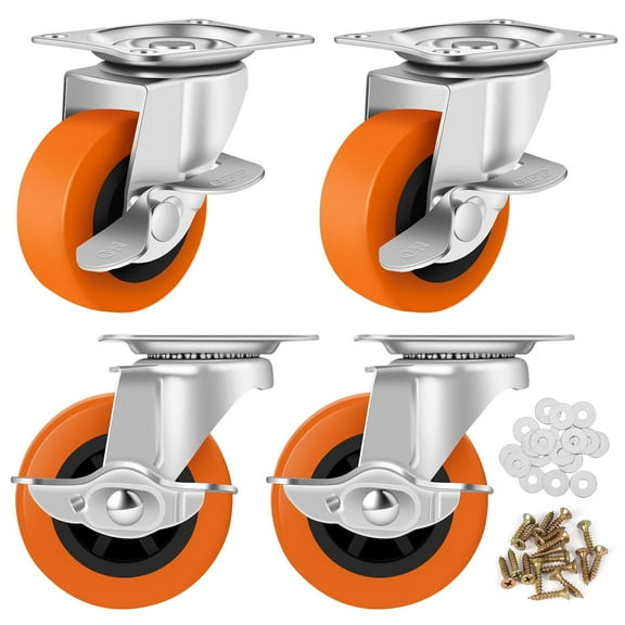 Caster Wheels, 3 Inch Casters Set of 4, Heavy Duty Caster with Brake, Locking Castors with Polyurethane Wheel,Plate Swivel Castor Wheels for Furniture Carts,Workbench Casters