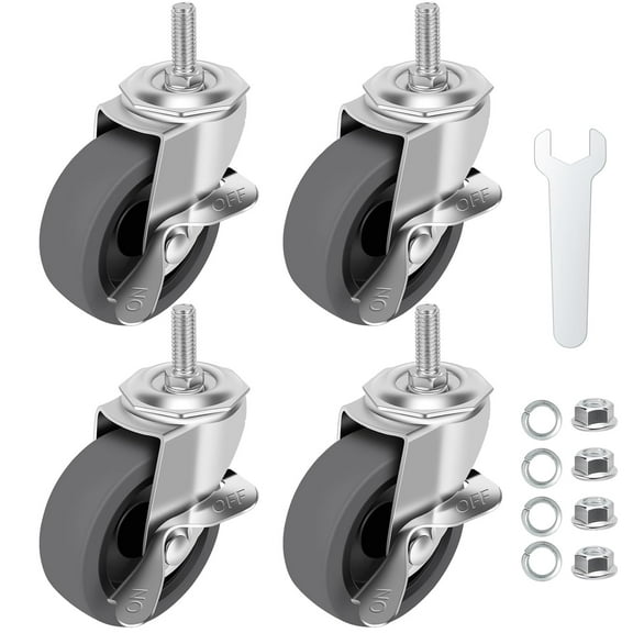 Caster Wheels, 3" Locking Swivel Stem Casters Set of 4, 3/8"-16 x 1 (Screw Diameter 3/8", Length 1") Rubber Casters with 360 Degree No Noise Wheels for Furniture