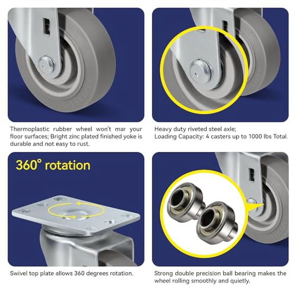 8 Inch Heavy Duty Caster Wheels Set - 2 Swivel & 2 Fixed, Rubber Tires, 600 Lb Capacity, With Screws
