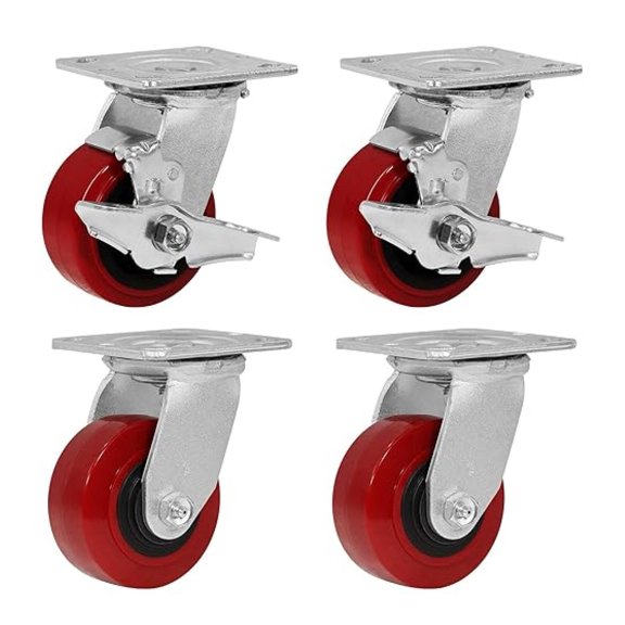 Caster Wheels Heavy Duty, 4" Industrial Casters Set of 4 with Load 2400lbs Capacity, Polyurethane Tread on Polypropylene , Swivel Plate Casters for Toolbox Workbench (2 Brakes & 2 Swivel)