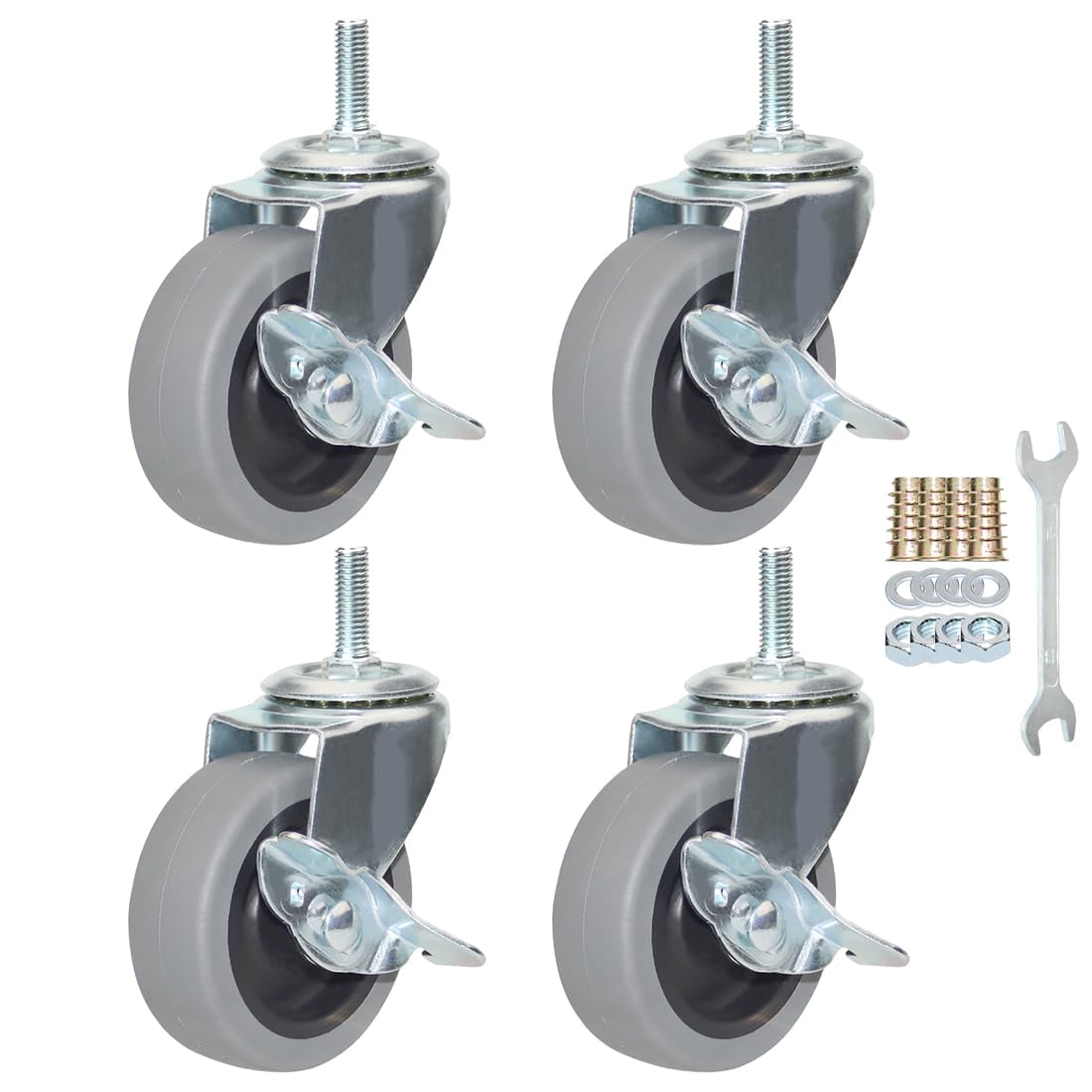 Caster Wheels, Heavy Duty Casters Threaded Stem Casters No Noise Swivel Casters Set of 4 Locking Castor Wheels for Funiture, Workbench, Carts (5/16''-18×25mm, 3 Inch)