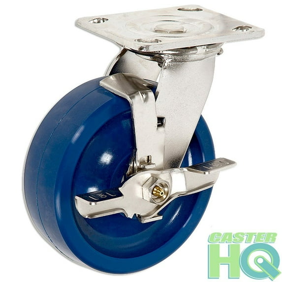 CasterHQ 6" Stainless Steel Swivel Caster with Brake - Blue Solid Poly Wheel - 1200 Lbs Cap CasterHQ Brand - S304 Stainless Steel - Anti-Rust Caster - Heavy Duty Stainless Steel Locking Caster