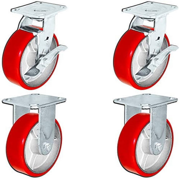 CasterHQ Set of 4 Heavy Duty Casters - 6" x 2" Heavy Duty Caster with Red Polyurethane Tread CasterHQ Brand Set of 4 - Great Toolbox Replacement Casters Casters Built to Last