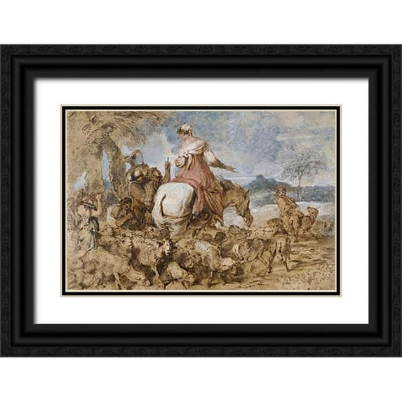 Castiglione, Giovanni Benedetto 32x23 Black Ornate Wood Framed with Double Matting Museum Art Print Titled - Pastoral Journey