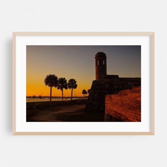 Castillo de San Marcos Sunrise - St. Augustine Florida Photography Sunset Palm Tree Coastal Architecture Harbor Seaside Oak Framed Wall Art Print 16 x 24 inches