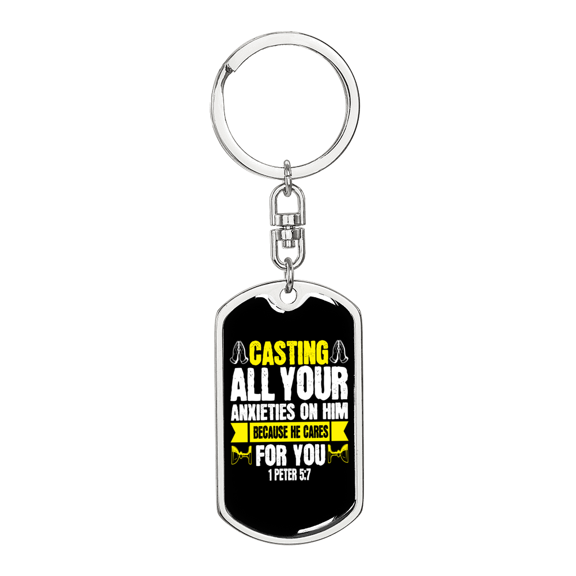 Casting All Anxieties 1 Peter 5:7 Stainless Steel or 18k Gold Premium Swivel Dog Tag Keychain