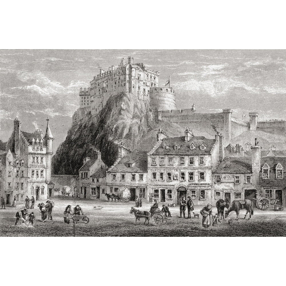 Castle and Grassmarket Edinburgh Black and White Print 18 x 11