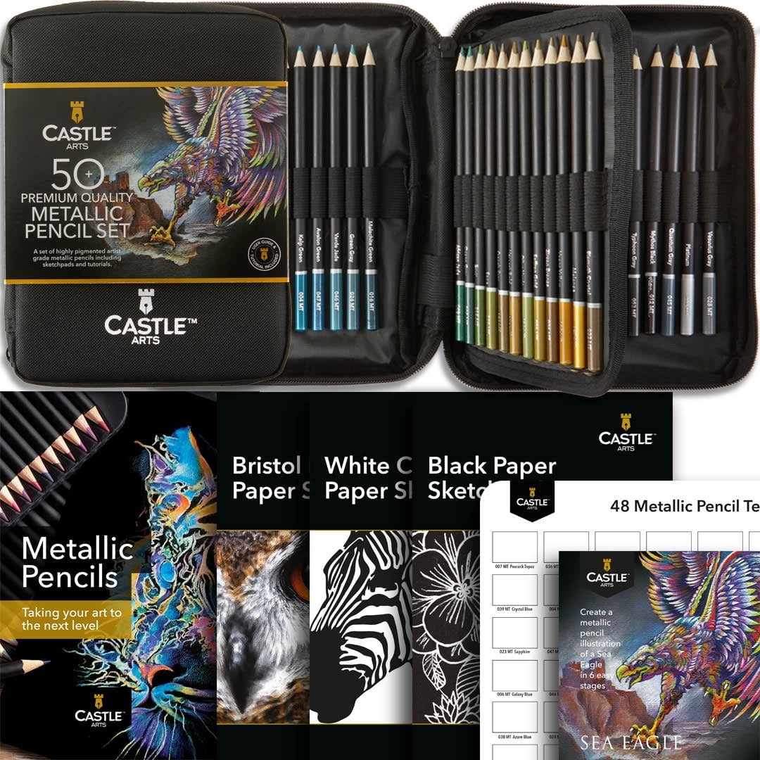 Castle Art Supplies 48 Metallic Colored Pencils Set with Extras