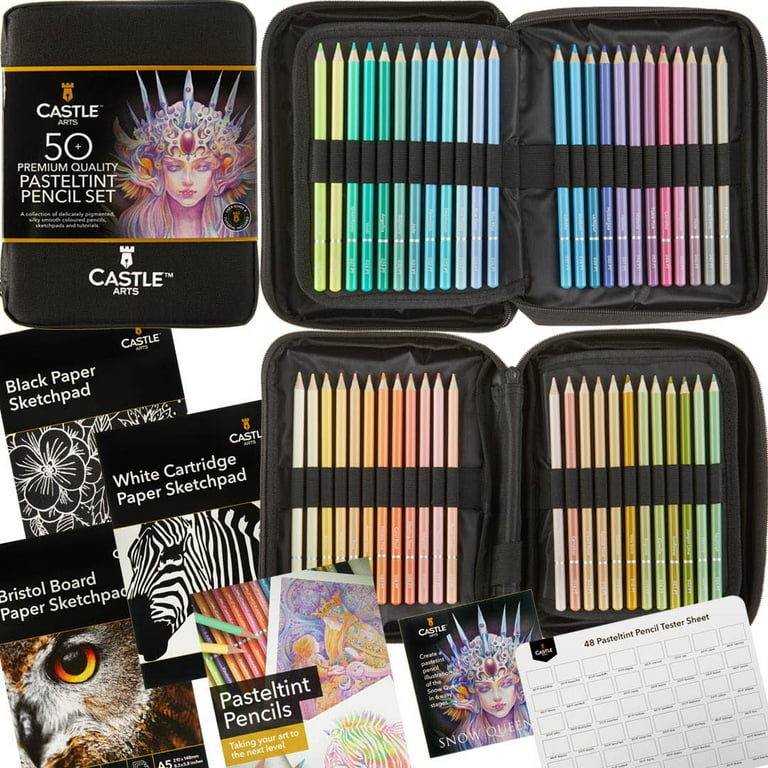 Castle Art Supplies 48 Pasteltint Colored Pencils Set with Extras Quality Colors in Softer, Sumptuous Tones for Professional A