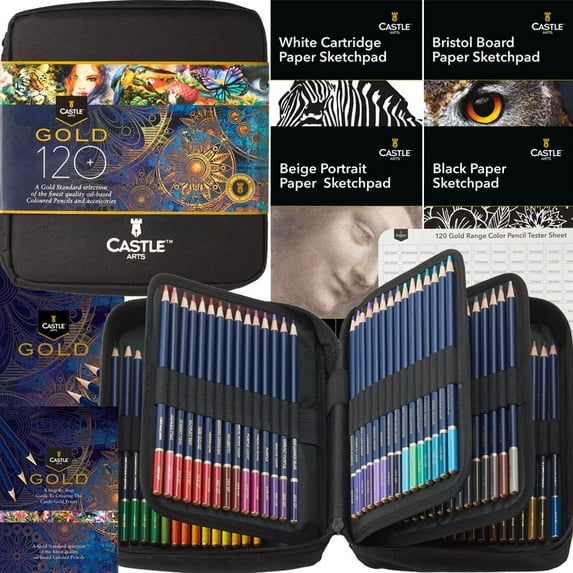 Castle Art Supplies Gold Standard 120 Coloring Pencils Set with Extras Oil-based Colored Cores Stay Sharper, Tougher Against Breakage | For Adult Artists, Colorists | In Zipper Case