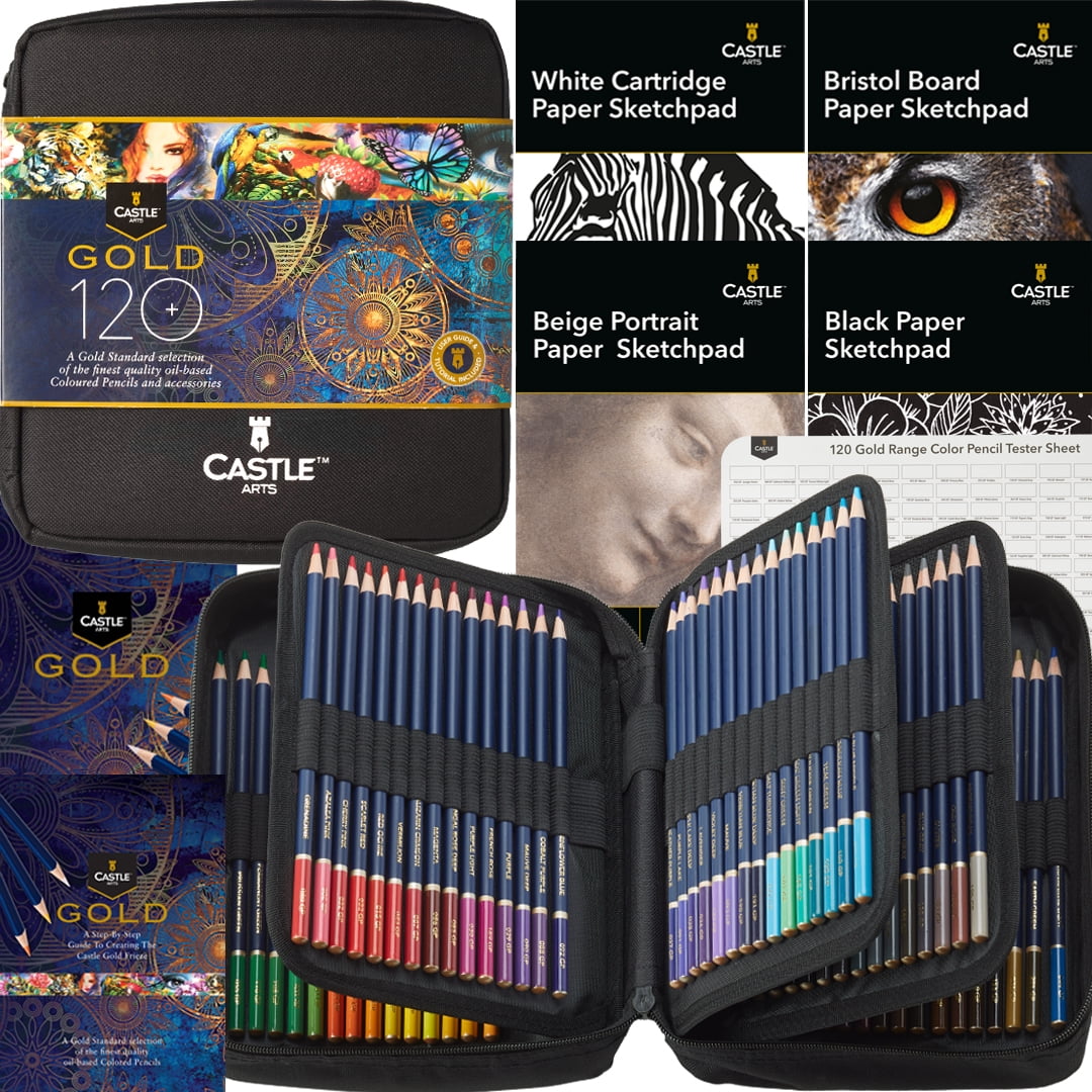 Castle Art Supplies Gold Standard 120 Coloring Pencils Set with Extras  Oil-based Colored Cores Stay Sharper, Tougher Against Breakage, For Adult  Artists, Colorists